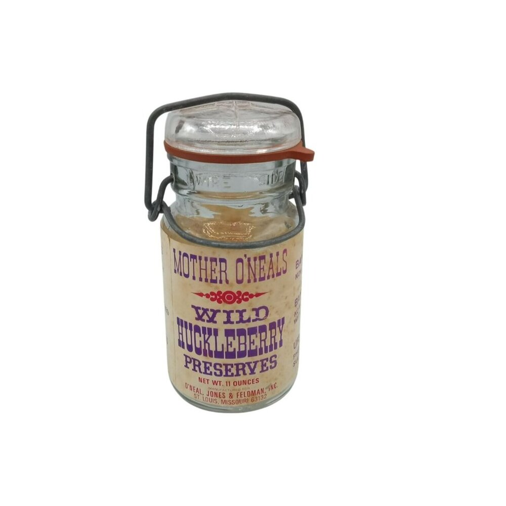 Glass Jar Mother ONeals Wild Huckleberry Preserves Wire Clamp Lid Vintage 11 Oz